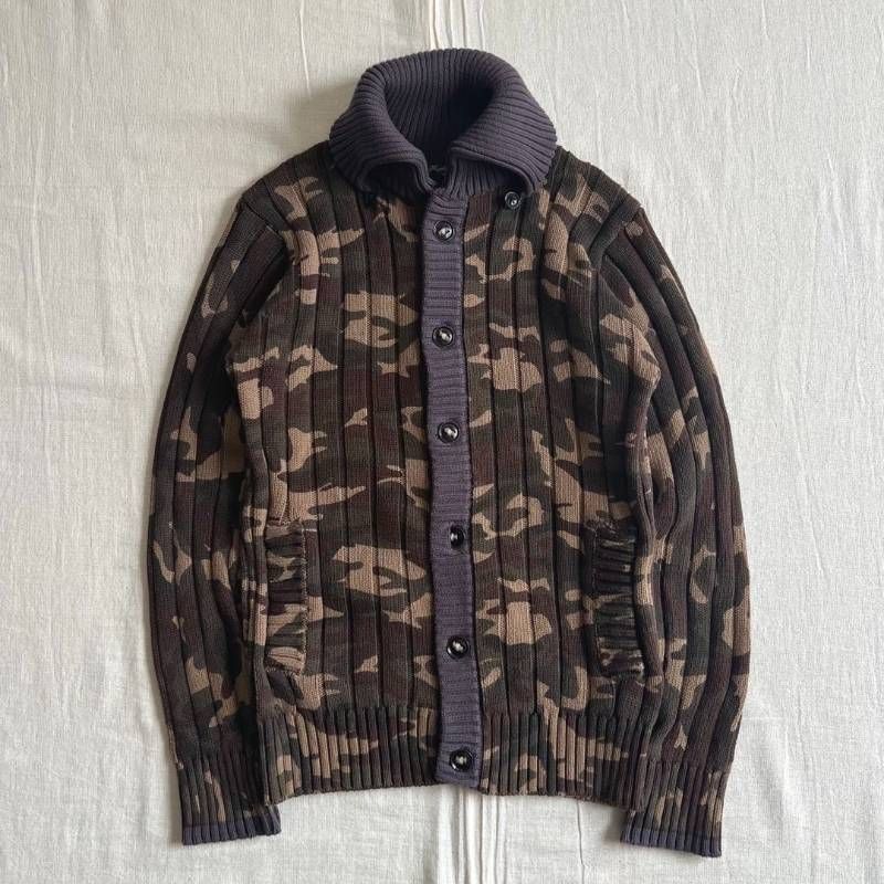 archive　アーカイブ古着　MEN´S BIGI 　メンズビギ　太リブ編みコットンニット　襟付きカーディガン　迷彩　全面カモフラージュ柄　サイドポケット　コンパクトシルエット　02　Y2K平成ギャル　camouflage rib knit cardigan