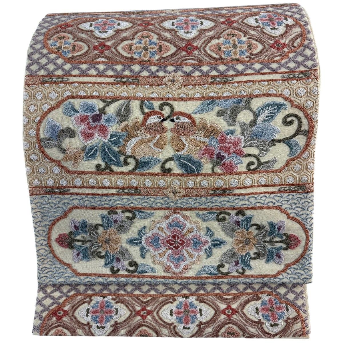 袋帯 逸品 中国明綴帯 向かい鳥 華文 金糸 相良刺繍 ベージュ お太鼓柄 