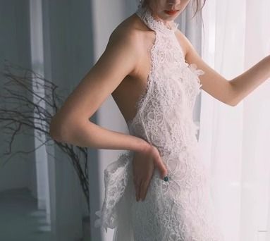 総レース ウェディングドレス ホルターネック マーメイド 上品