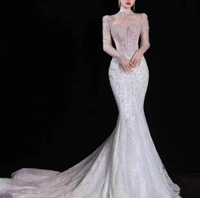 長袖 ウェディングドレス キラキラ グリッター マーメイド 韓国