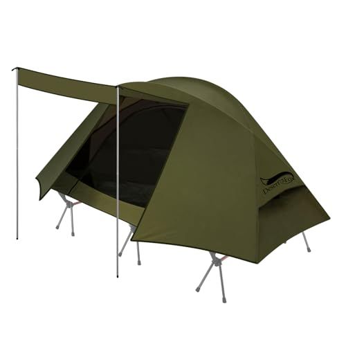 DesertFoxテント コット用 テント 1人用 ソロ 4000 mm耐水圧 前室あり キャンプ コンパクト 軽量 3 WAY タイプ 撥水加工素材 自立式 二重層構造 4シーズン 簡単設営 UVカット 通気防風防雨 収納袋付き DRZ b 30 ad 154