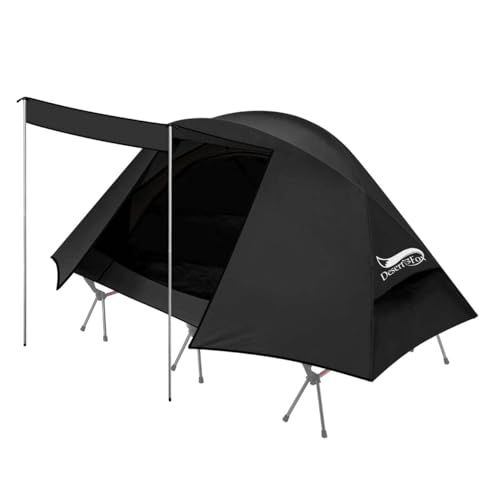 DesertFoxテント コット用 テント 1人用 ソロ 4000 mm耐水圧 前室あり キャンプ コンパクト 軽量 3 WAY タイプ 撥水加工素材 自立式 二重層構造 4シーズン 簡単設営 UVカット 通気防風防雨 収納袋付き DRZ