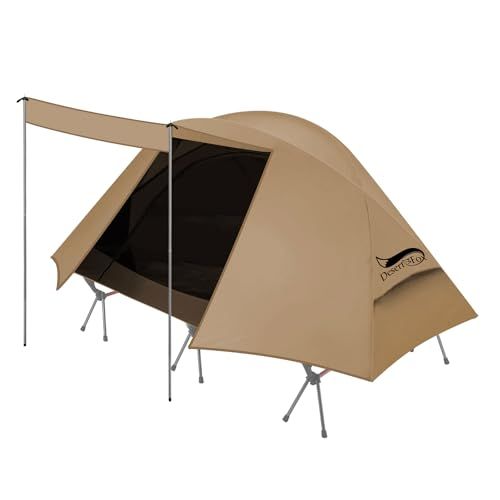 DesertFoxテント コット用 テント 1人用 ソロ 4000 mm耐水圧 前室あり キャンプ コンパクト 軽量 3 WAY タイプ 撥水加工素材 自立式 二重層構造 4シーズン 簡単設営 UVカット 通気防風防雨 収納袋付き DRZ 368 ddb 36
