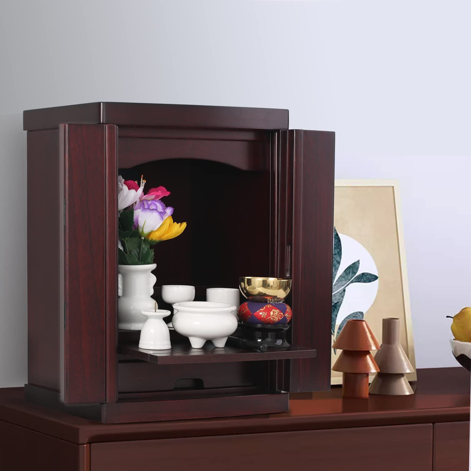 ミニ仏壇 NEW 15号 LED照明付 幅32 cm 奥行き25 高さ45 天然桐材 小型仏壇 ミニ モダン 家具調 軽量 和室 洋室 コンパクト リビング おしゃれに最適 紫檀色