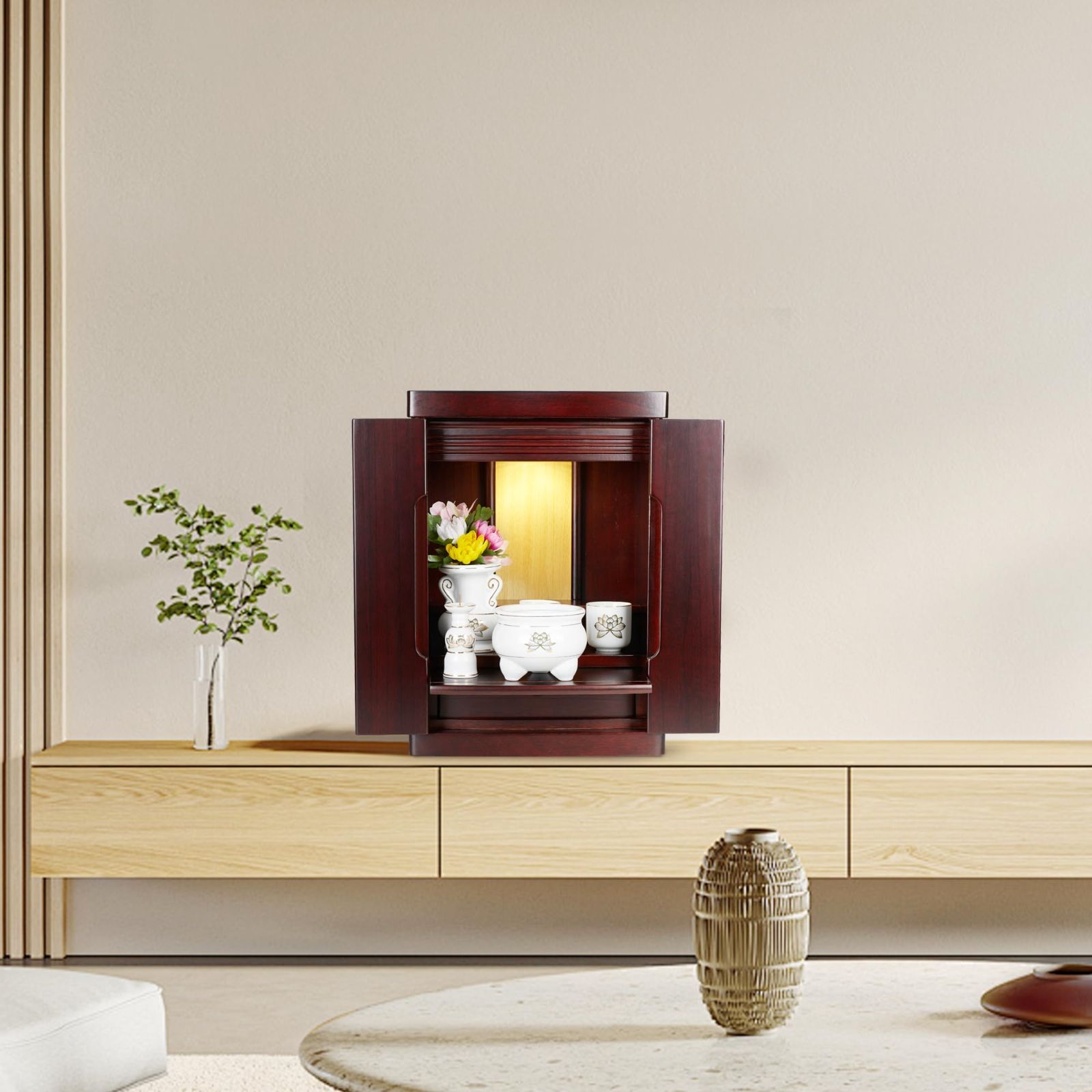 ミニ仏壇 NEW 15号 LED照明付 幅32 cm 奥行き25 高さ45 天然桐材|小型仏壇 ミニ モダン|家具調|軽量 和室|洋室|コンパクト リビング おしゃれに最適 紫檀色