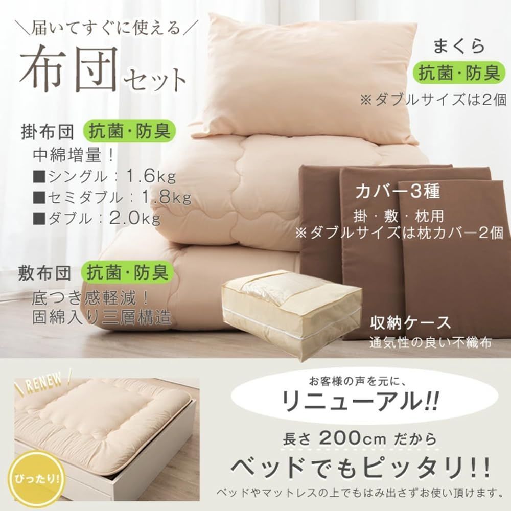 抗菌 防臭 防カビ 三層敷布団 カバー付き 洗える 7点セット 高密度固綿 収納ケース付き ホコリが出にくい シングル 掛布団 布団セット 敷布団 枕 タンスのゲン 76211