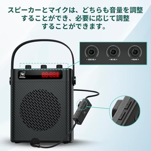W Winbridge 30Ｗ ポータブル拡声器 ハンズフリー拡声器 スピーカーセット マイク付き PAシステム 拡声器 ヘットセット 録音 USB AUX入力 TFカード 教室 講義 指導 会議 店頭販売 街頭演説 カラオケ S 93