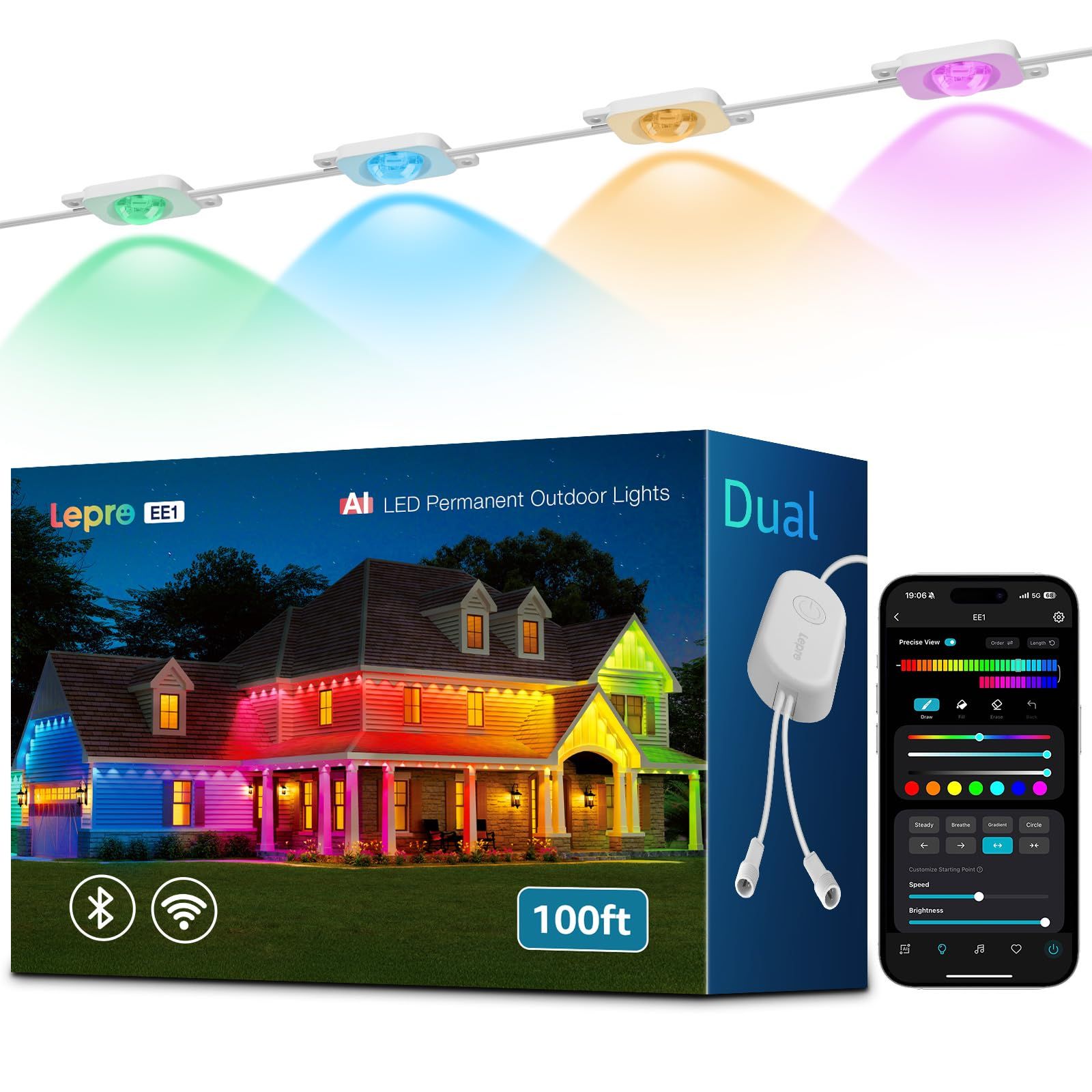 室内 APP操作 虹色 家の外壁 軒下 フェンス 庭 飾り 各ライト20 lm IP 65 常設型 流れるテープ DIY RGB Alexa Google 30 m 60灯 Home音声操作 防水 WIFI Bluetooth接続 スポット