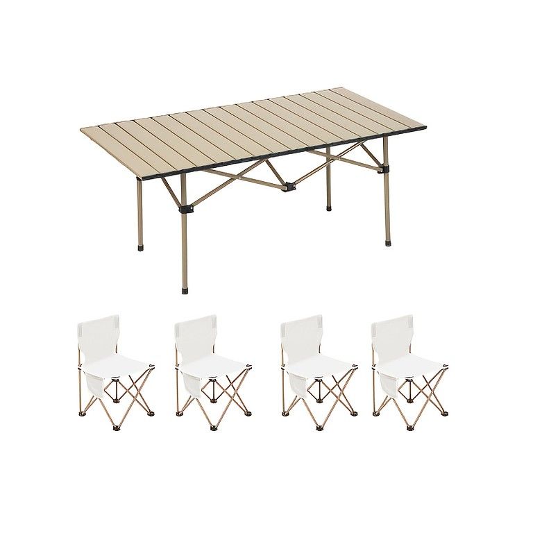 軽量＆コンパクト 折りたたみキャンプテーブル＆チェアセット キャリーバッグ付き 選べる3点 5点セット アウトドア ピクニック BBQ レジャーに最適 耐久性カーボンスチール製 ベージュ長方形5点セット