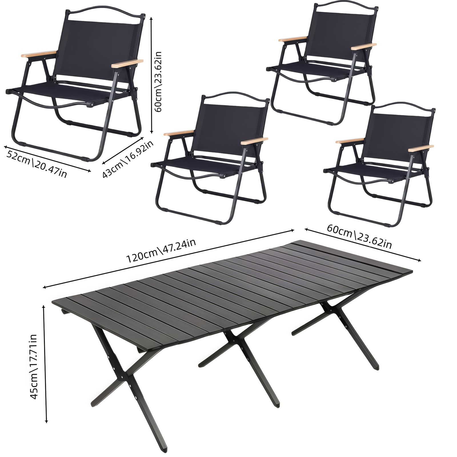 高耐久炭素鋼 アウトドア折りたたみテーブル＆チェア 5点セット 組立簡単 ピクニック キャンプ 釣り 車中泊に最適 ポータブルレジャーセット ブラックセット