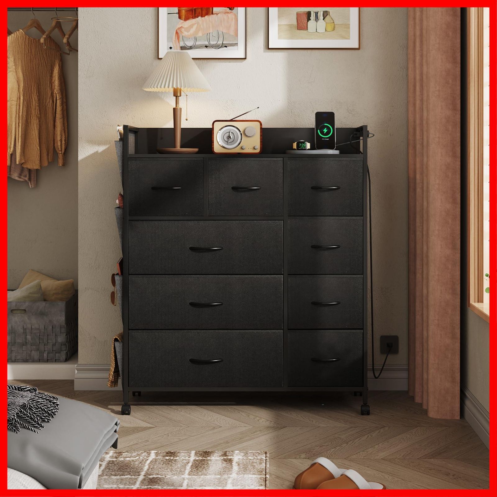 在庫処分 ブラック ASNG 609 シンプル 簡単組立 北欧 衣類収納 洋服タンス 大容量 引き出し 布製 衣装棚 収納チェスト おしゃれ リビング収納 ハイチェスト 箪笥 4段9杯 サイドポケット付き キャスター付き USBボード コンセント付き ファブリ