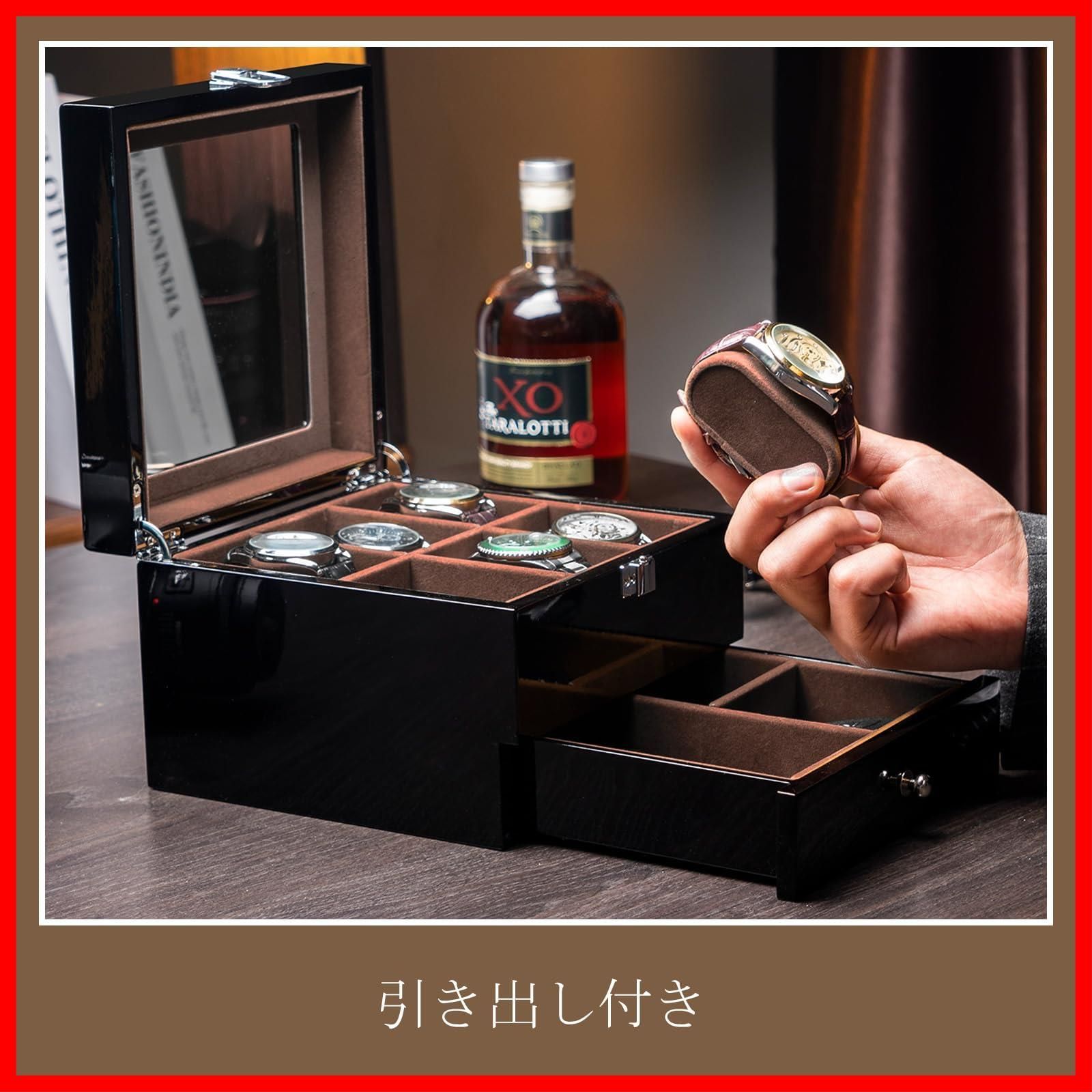 在庫処分 ProCase メンズ木製腕時計ボックス 6スロット ラッカー仕上げ ガラストップ付き 2段ディスプレイケース ギフト ブラック