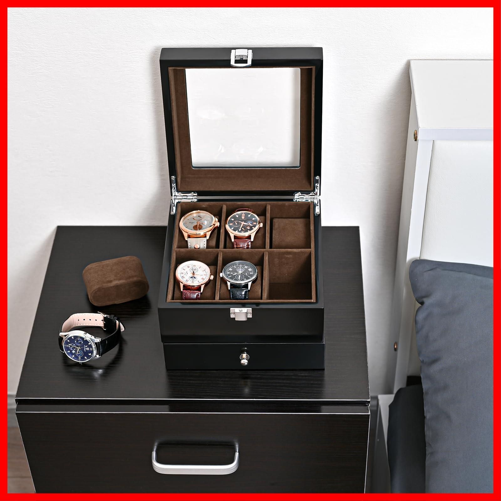 在庫処分 ProCase メンズ木製腕時計ボックス 6スロット ラッカー仕上げ ガラストップ付き 2段ディスプレイケース ギフト ブラック