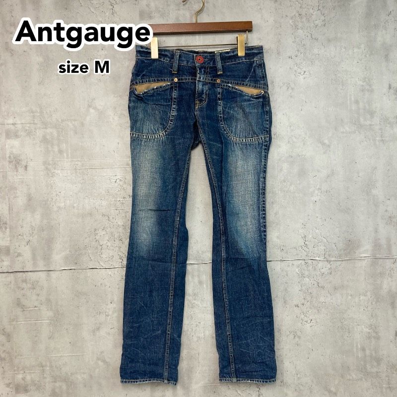 Antgauge アントゲージ GC269 デニム パンツ ジーンズ ブルー ストレート ローライズ ワーク デザイン ポケット ステッチ 刻印ボタン カジュアル コットン100 インディゴ 濃紺 ユーズド加工 美脚効果 個性的 古着