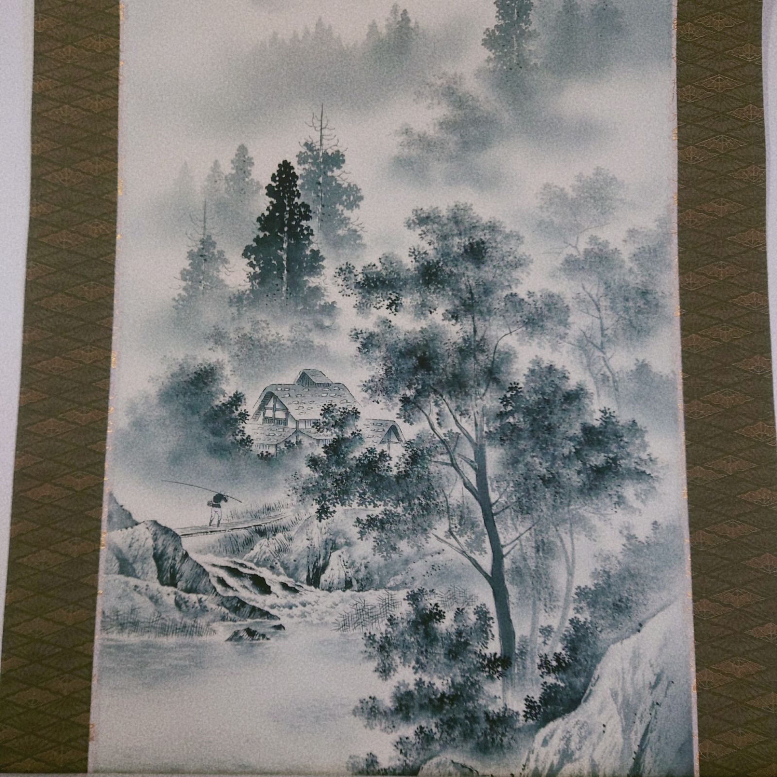 観賞用 掛軸 掛け軸 水墨山水 桐箱付き 藤原翠秋 日常掛 常掛け 年中