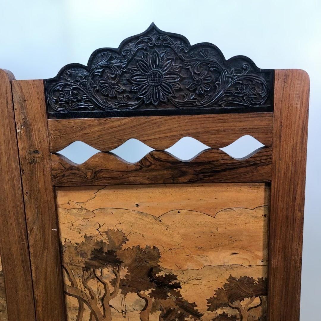 昭和52年製 日本製 木象嵌 三連衝立 松に孔雀 瑞鳥 山水図 神戸税関