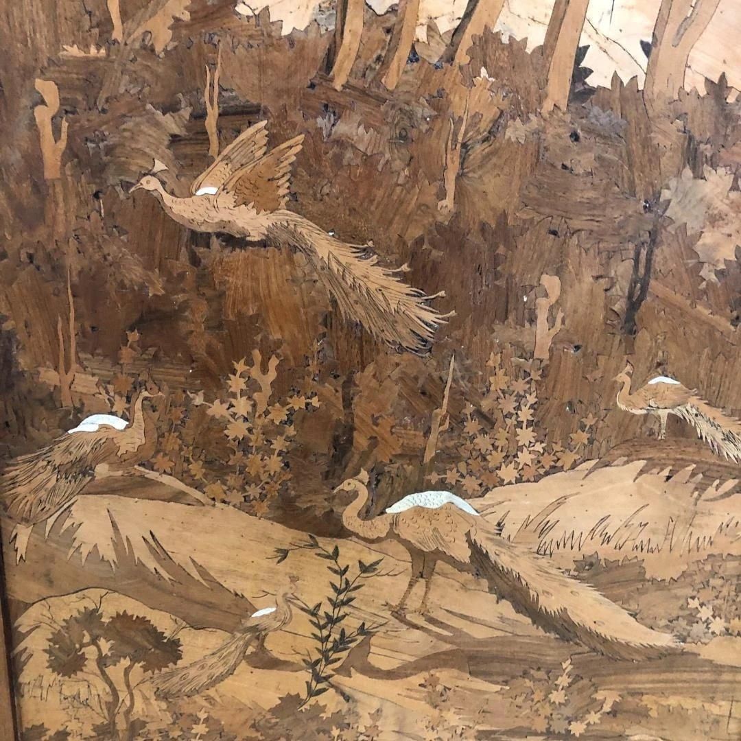 昭和52年製 日本製 木象嵌 三連衝立 松に孔雀 瑞鳥 山水図 神戸税関