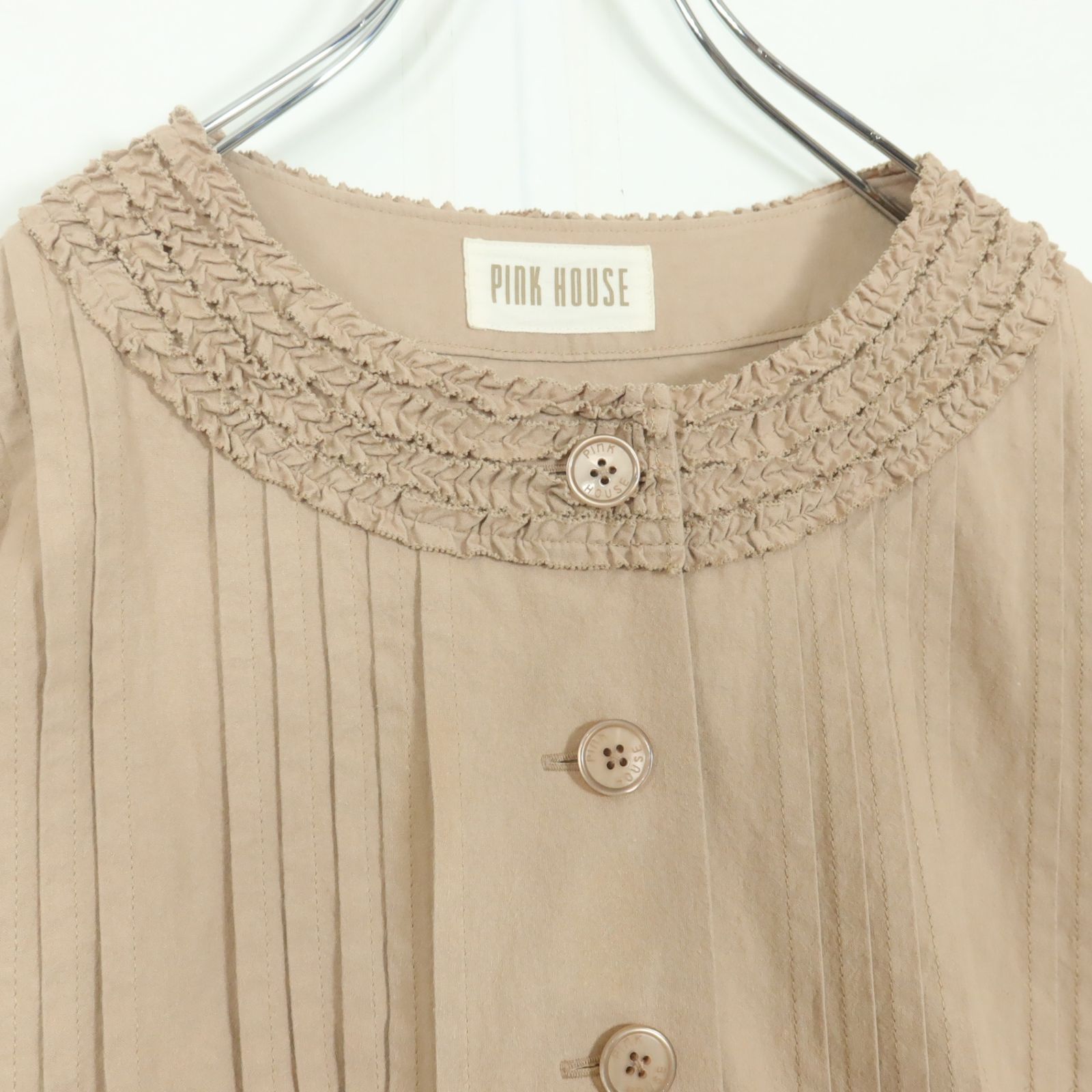 ピンクハウス☆ピコフリルとピンタックが素敵♪ ノーカラーブラウス 袖