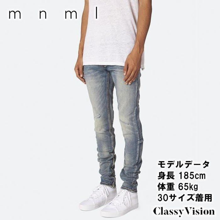 mnml M12 ストレッチテーパードタイトフィットジッパーデニムパンツ 