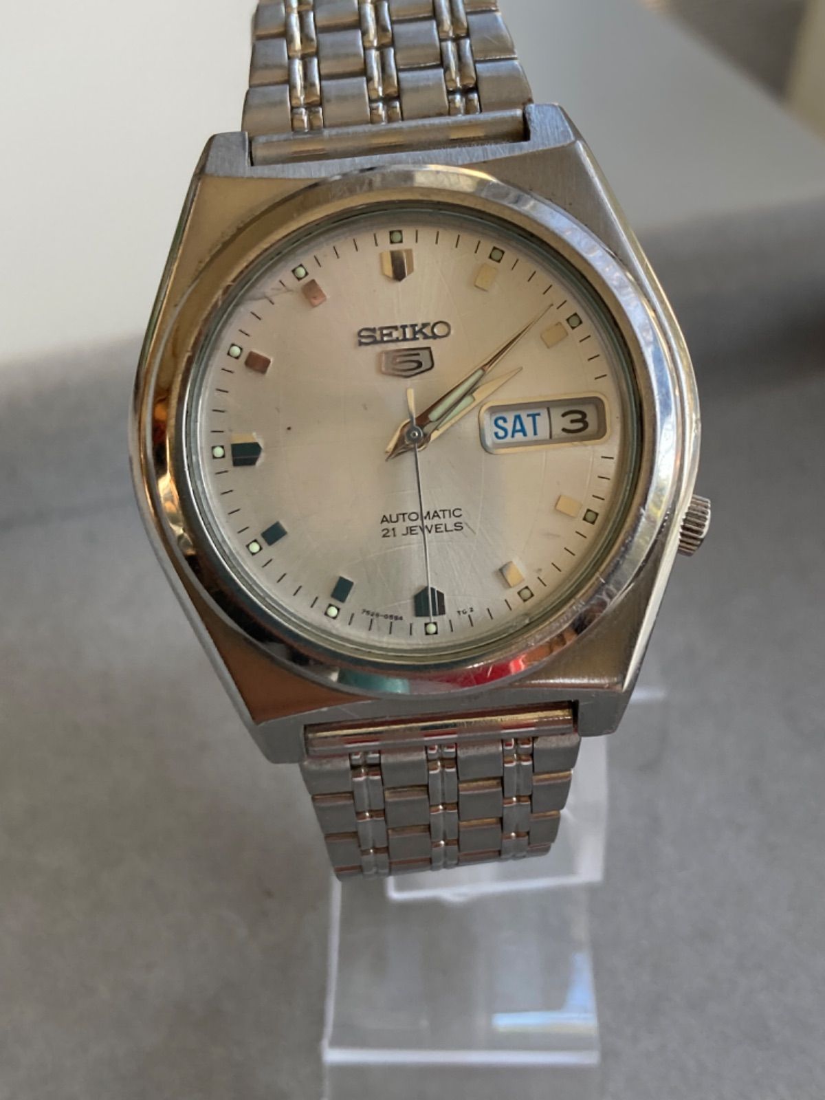 動作品 SEIKO セイコー 5 自動巻き 7S26 02E0 裏スケ シルバー 21石