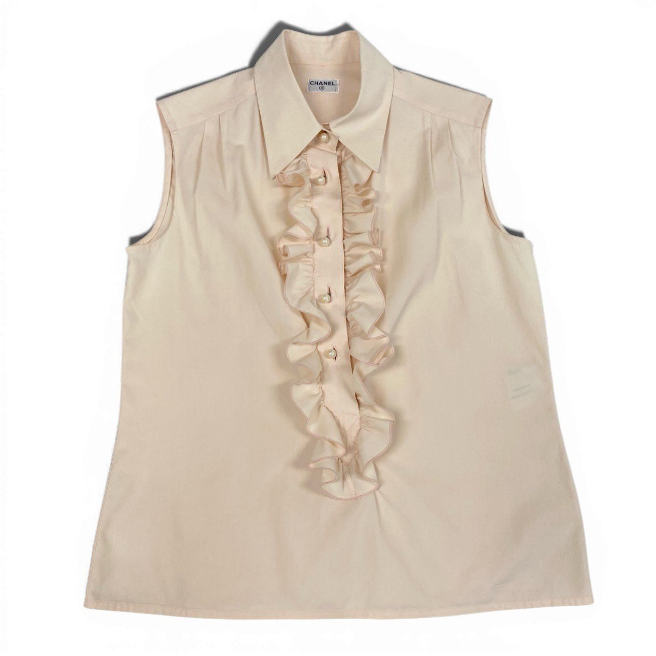 未使用　CHANELシャネル シルク フリル　ブラウス シャツ ジャケット 38b9 CHANEL シャネル パールボタン フリルブラウス ノースリブ