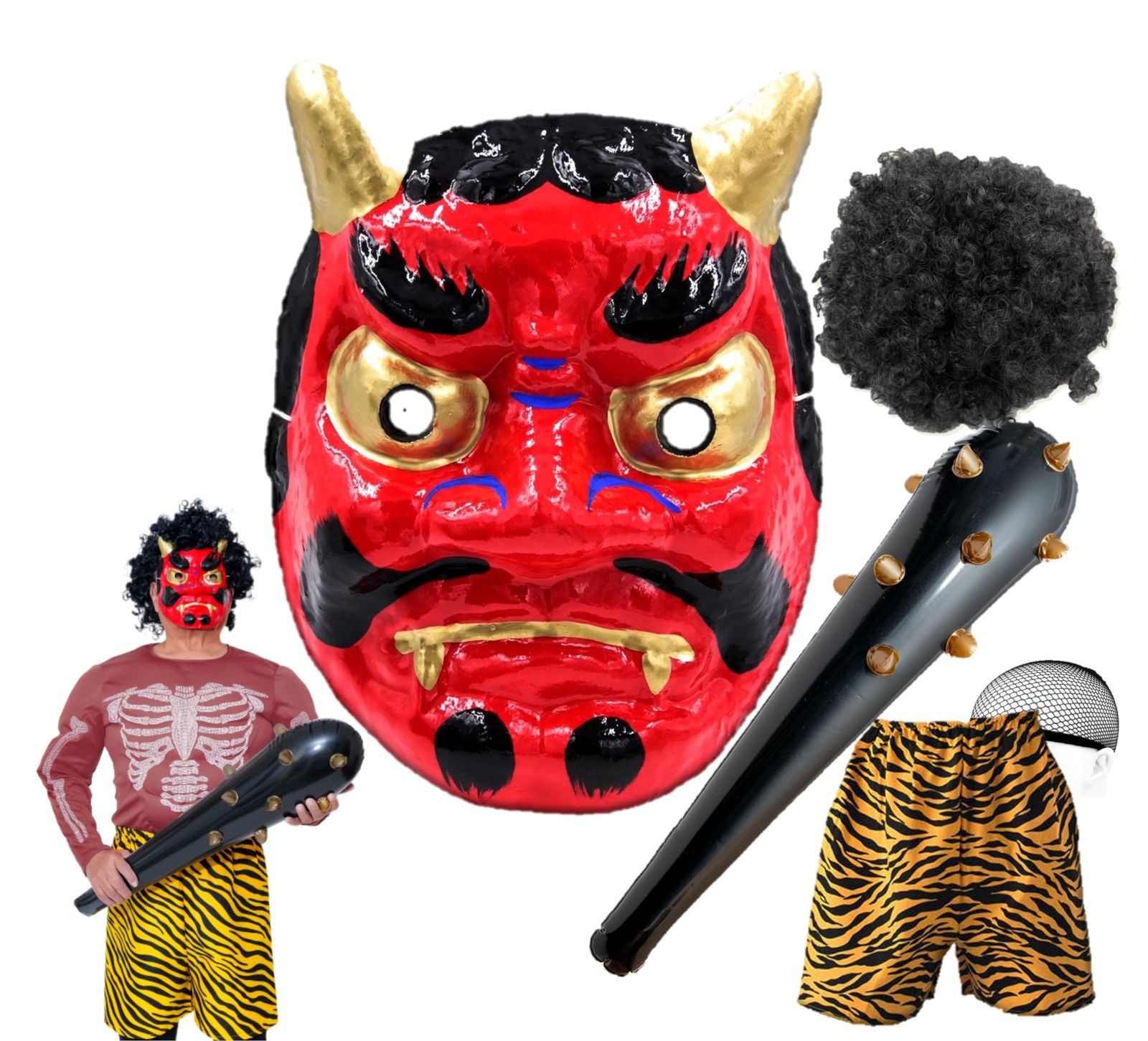 青鬼 赤鬼 張子製 ウィッグ セット こん棒 鬼のお面 節分用 鬼パンツ付き [XPデザイン]