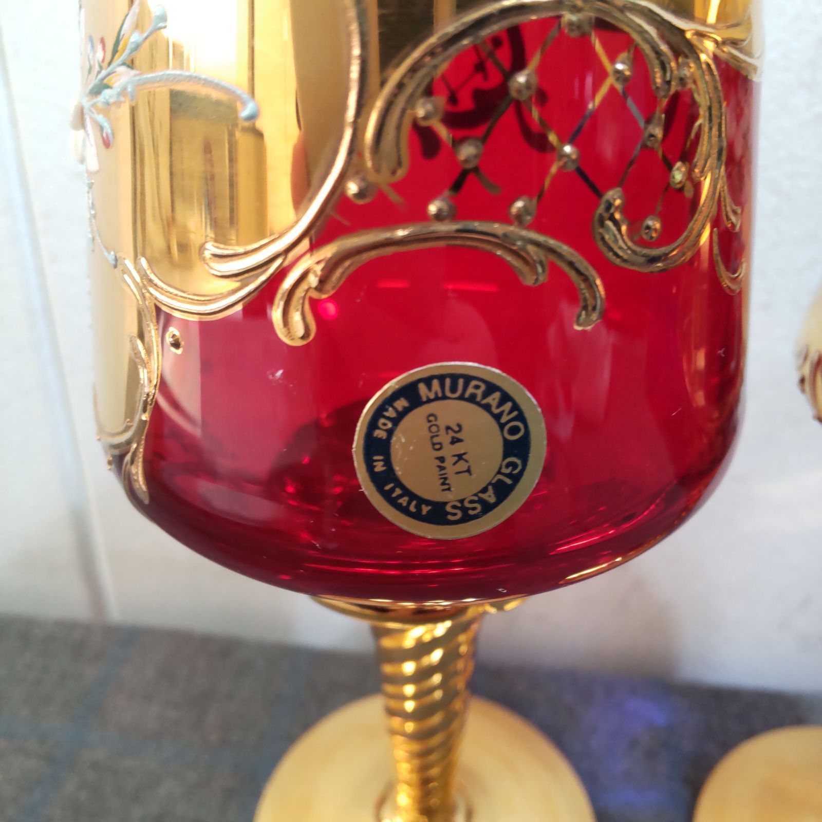 未使用品】イタリア製 ムラノグラス ベネチアングラス 花柄 ペアグラス