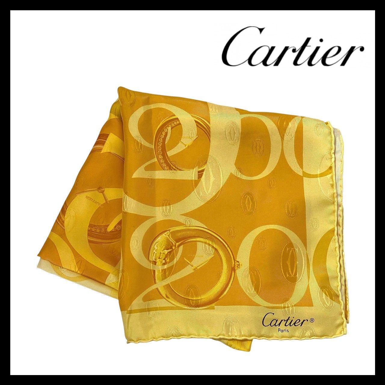 SU【Cartier】スカーフ SILK/シルク 100% 時計柄 イエロー/黄色 