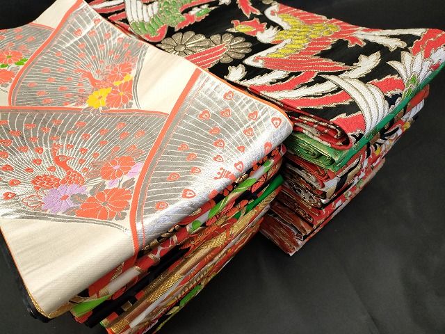 平和屋本店■子供帯 まとめて 35点 鳳凰 向かい鶴 孔雀 蝶 松竹梅 花柄 寿字 アンティーク 金糸 など 着用可能多数 未使用品あり ppp3510