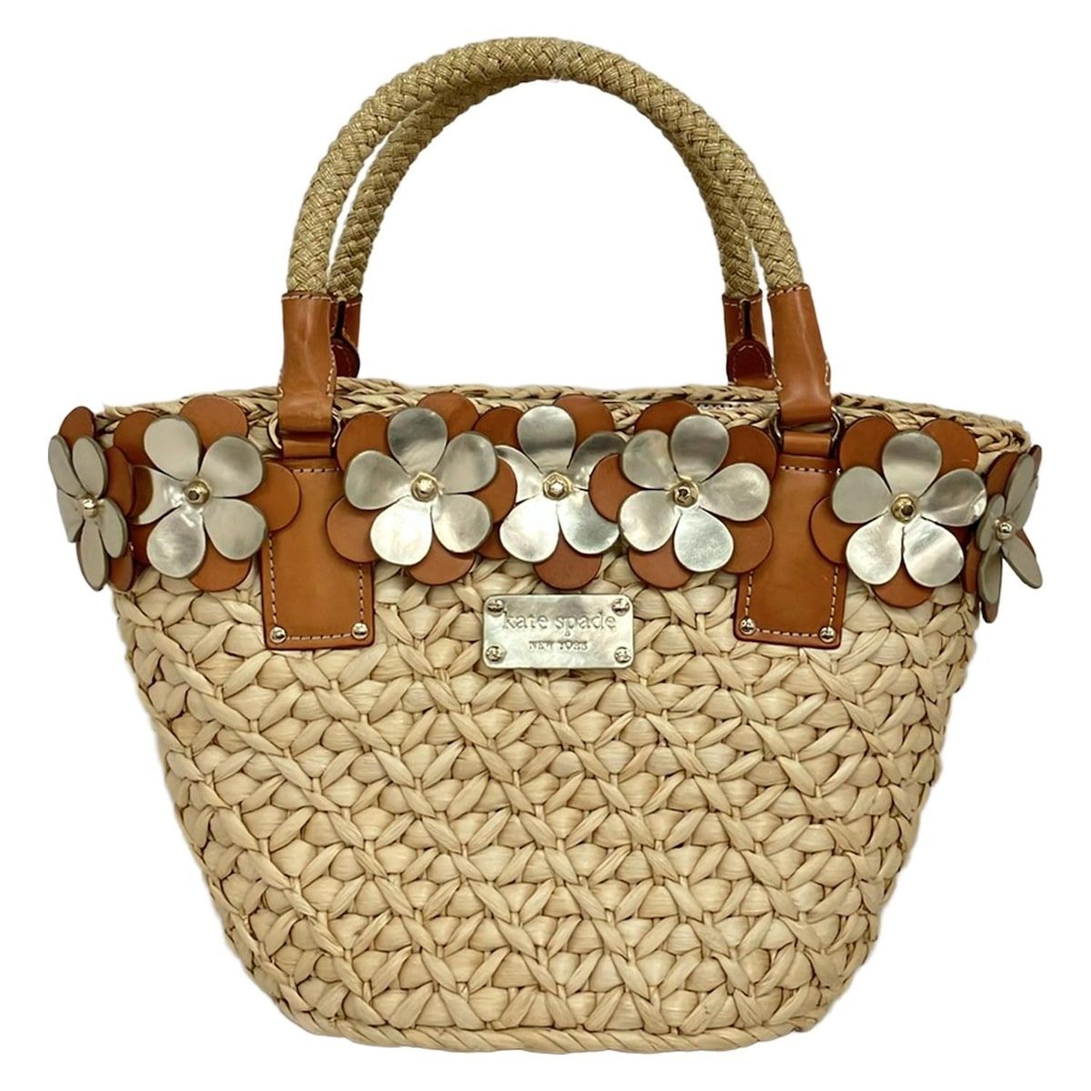 Kate spade(ケイトスペード) トートバッグ - PXRU0802 ベージュ×ゴールド×ブラウン かごバッグ/フラワー(花)/ラメ レザー -  メルカリ kate spade トートバッグ ベージュ/ブラウン