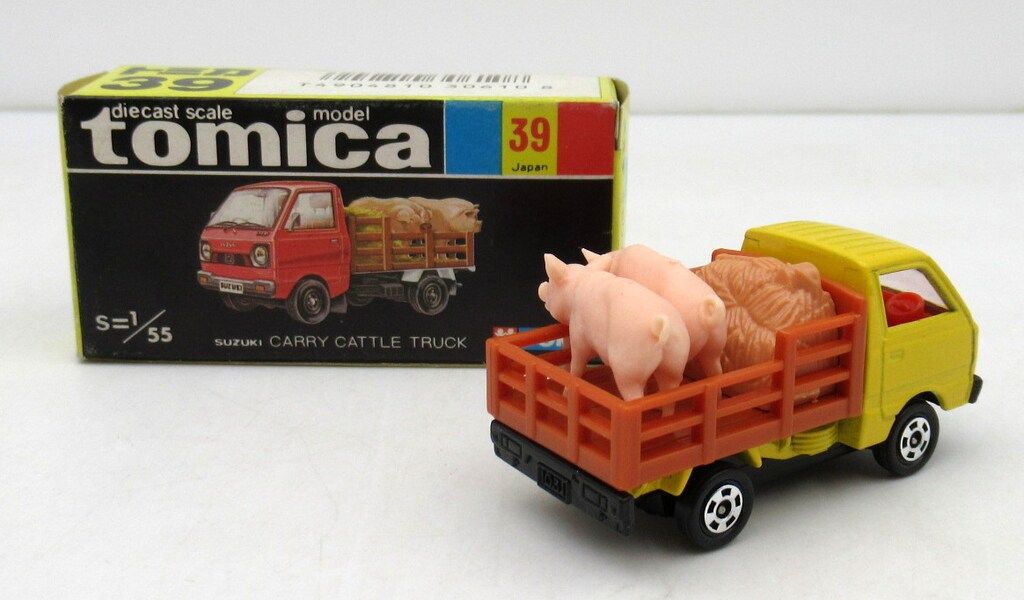 トミー トミカ|黒箱日本製 スズキキャリイ家畜運搬車|黄色|1 H|赤内装|豚2頭 39-3-5
