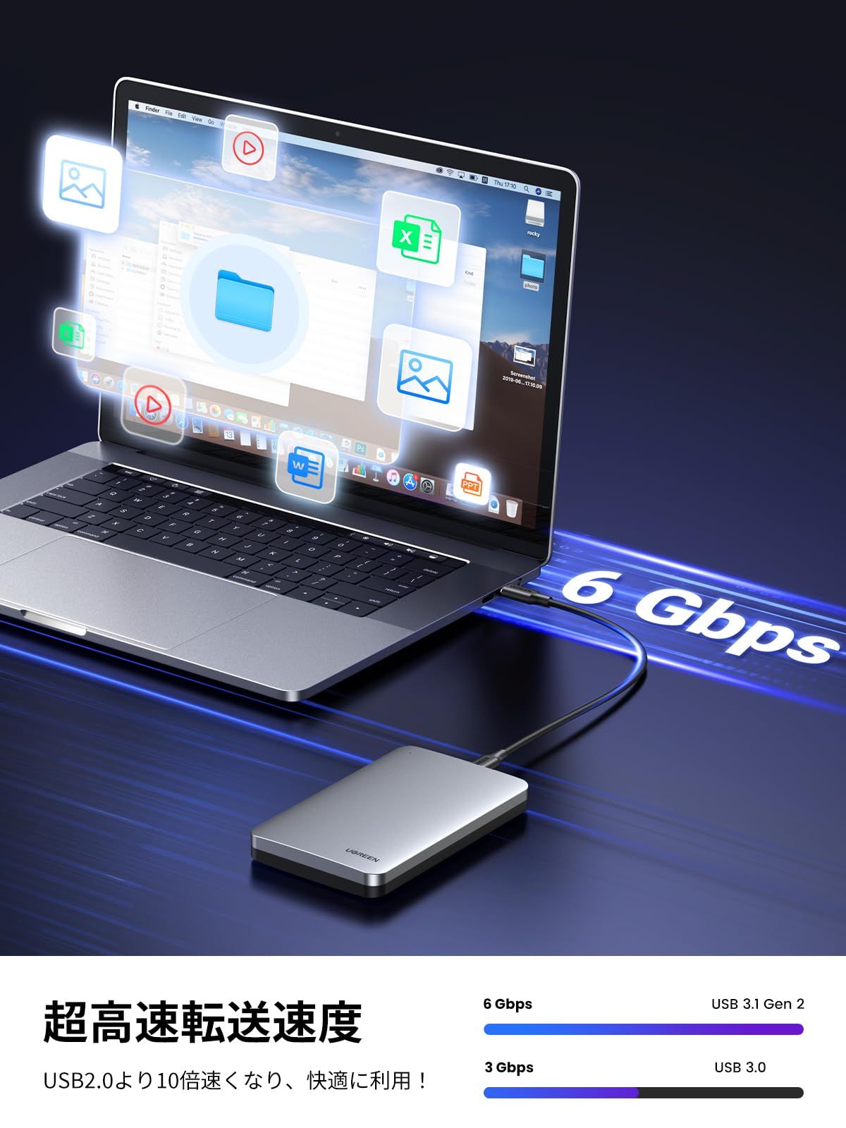 UGREEN 2.5インチ HDD ケース 【USB C 3.1 Gen 2接続規格】 HDD/SSD ケース SATA 3.0 UASP対応 6Gbps高速転送速度 外付けケース 6TB容量まで 9.5mm/7mm厚 HDD対応 アルミ製 SSD  ...
