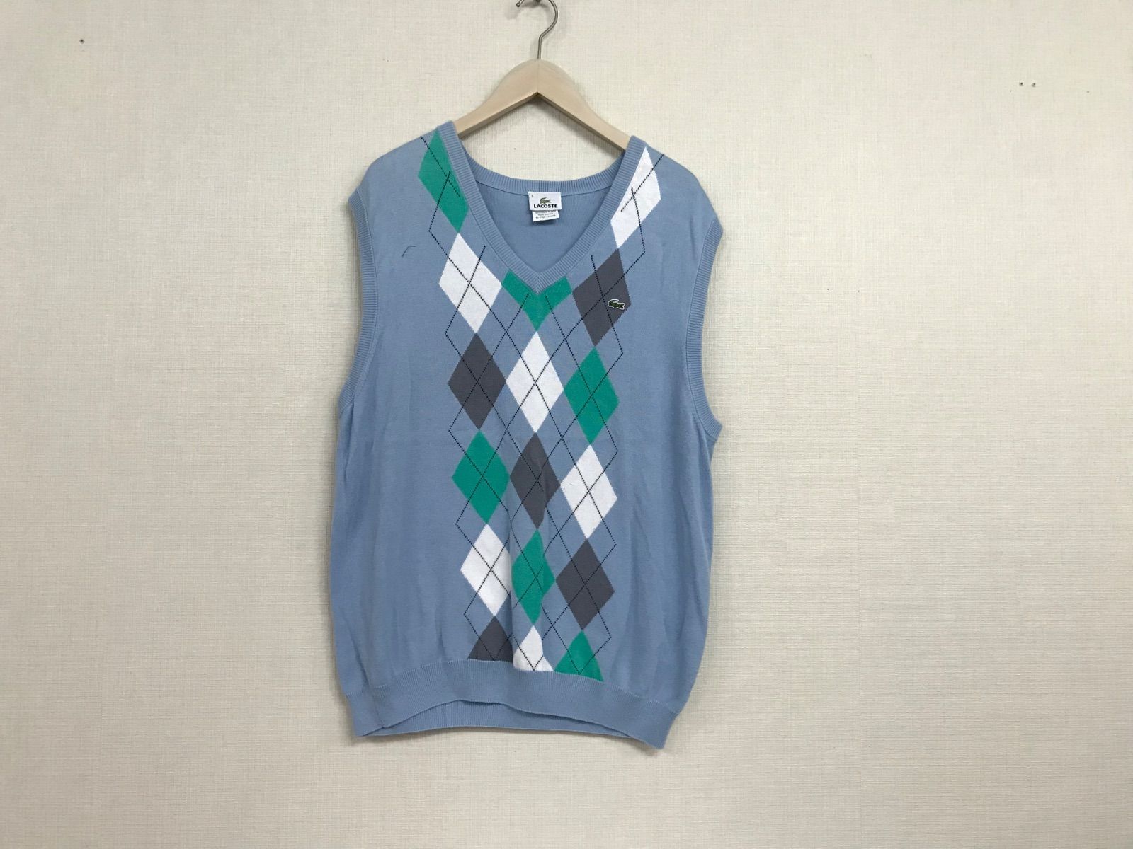 本物ラコステLACOSTEコットンVネックニット柄ジレベストメンズサーフアメカジミリタリーストリートスケーターワークビジネススーツモードゴルフドレスバイカーL青ブルー5