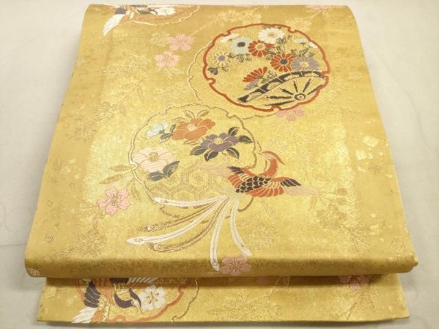平和屋本店▼六通柄袋帯　唐織　地紙花鳥文　本金二重箔　正絹　24ｋ　逸品　DABD3383sf 平和屋着物◎六通柄袋帯 唐織 花鳥元禄 金糸 正絹 逸品 DABA8473xg