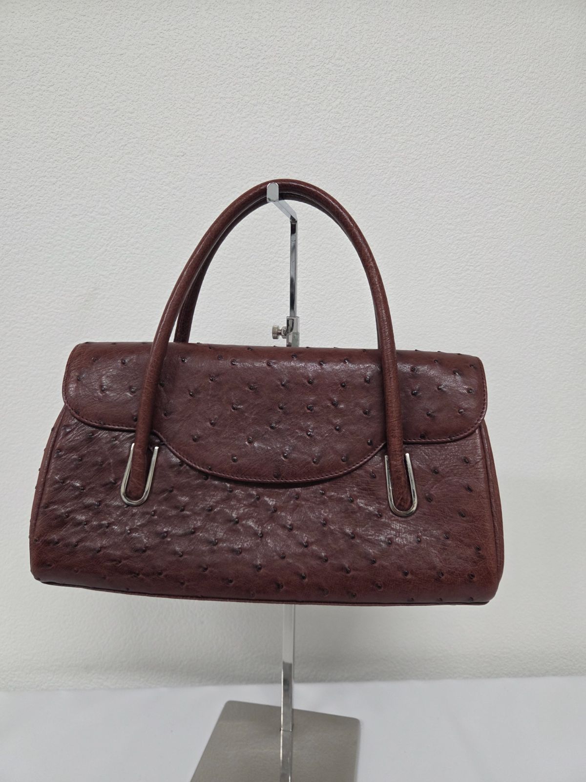 JRA認定 オーストリッチ 本革 ハンドバッグ ブラウン 美品 日本製 定価 