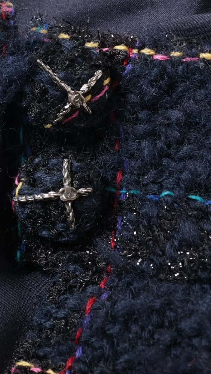 シャネル ジャケット スーツ CHANEL ダーク ネイビー マルチカラー ツイード スカート カール・ラガーフェルド 美品 34 シャネル ジャケット スーツ CHANEL ダーク ネイビー マルチカラー