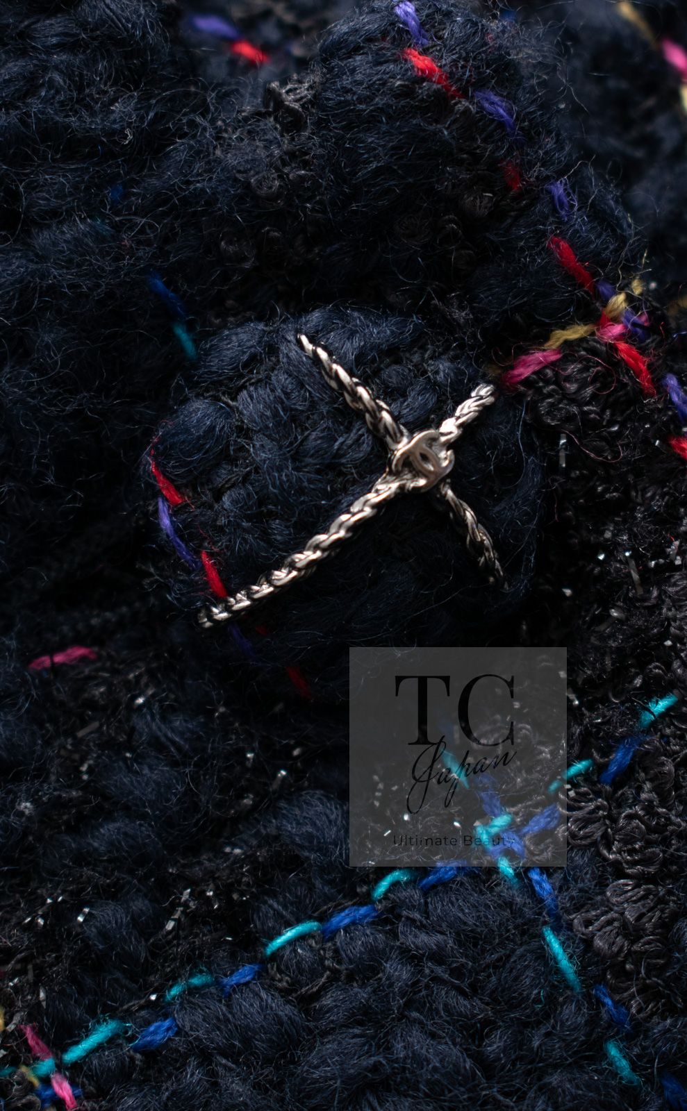 シャネル ジャケット スーツ CHANEL ダーク ネイビー マルチカラー ツイード スカート カール・ラガーフェルド 美品 34 シャネル ジャケット スーツ CHANEL ダーク ネイビー マルチカラー