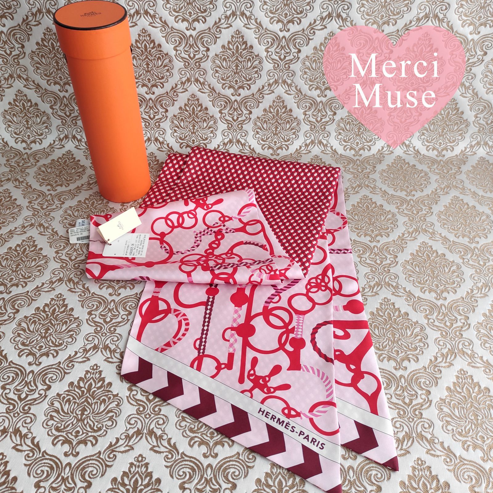 ❤未使用品❤マキシツイリー レッドｘピンク 挿し色 防寒 日除けにも１年中使える エルメス MerciMuse メルシーミューズ