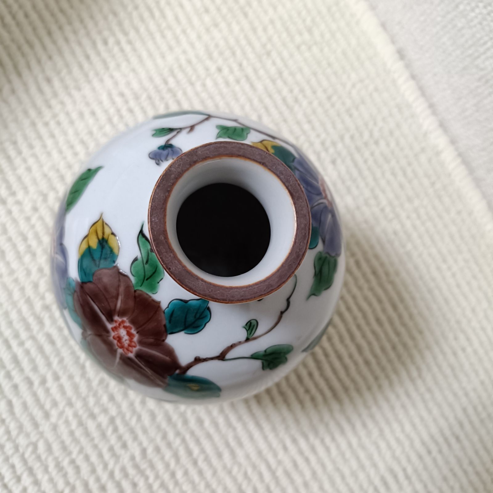 三代 為吉造 九谷焼 小壺 色絵花文 花瓶 共箱 三ツ井詠一 華道具