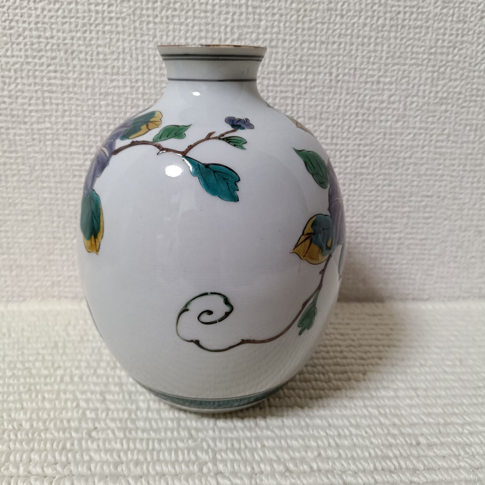 三代 為吉造 九谷焼 小壺 色絵花文 花瓶 共箱 三ツ井詠一 華道具