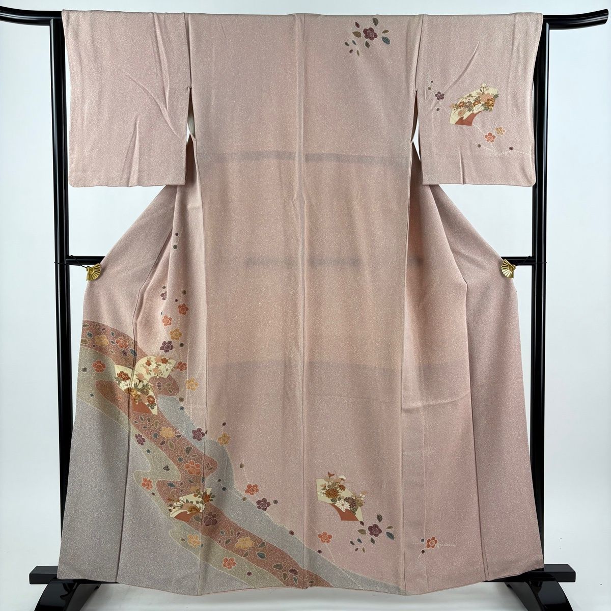訪問着 身丈160.5cm 裄丈64cm M 袷 扇面 草花 金彩 ピンクベージュ