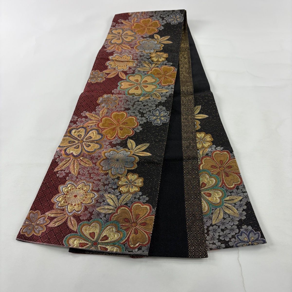 美品 袋帯 名品 松 鶴 金銀糸 箔 茶色 六通 正絹 中古 美品】
