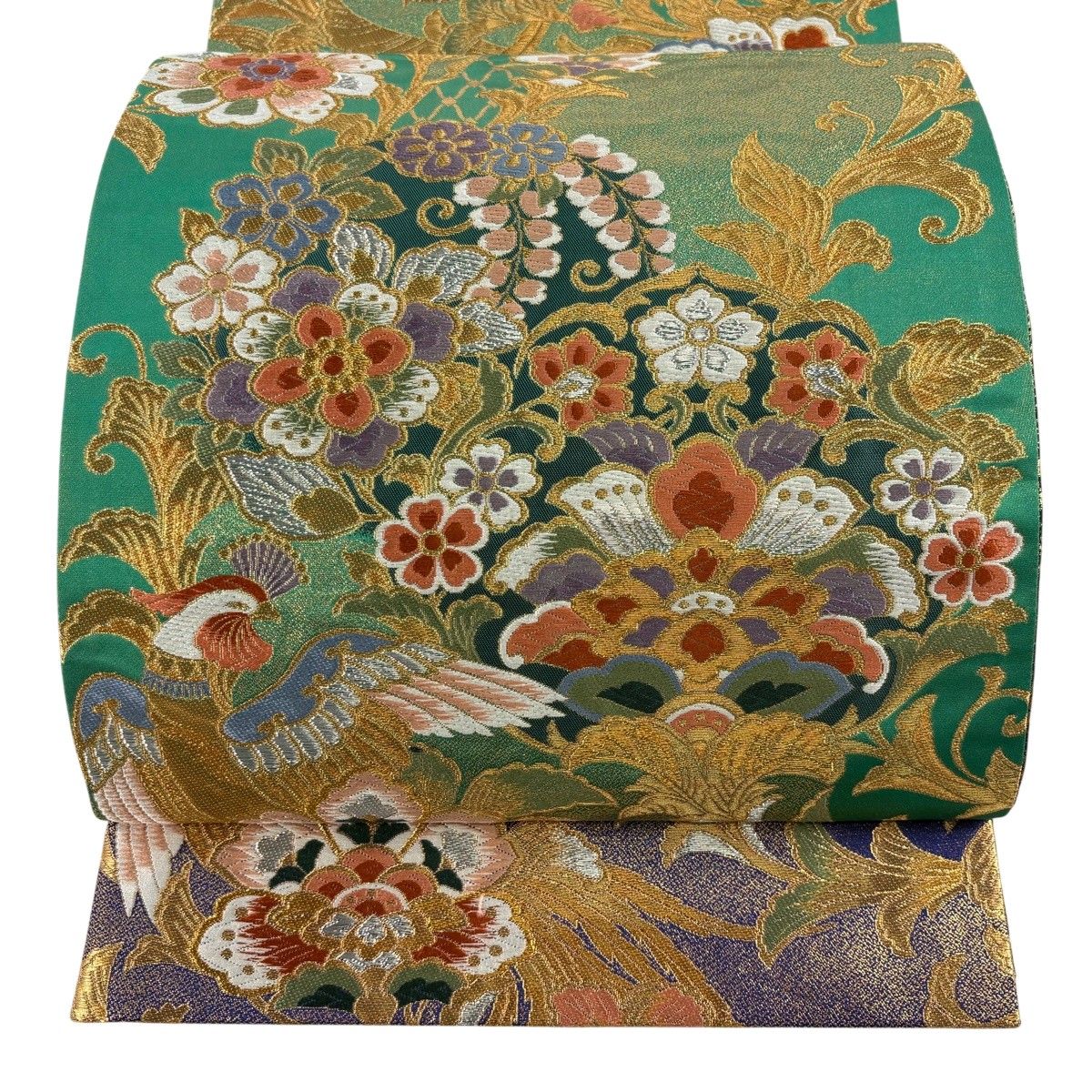 袋帯 美品 秀品 七宝華文 鳥 金銀糸 唐織 灰緑 六通 正絹 中古