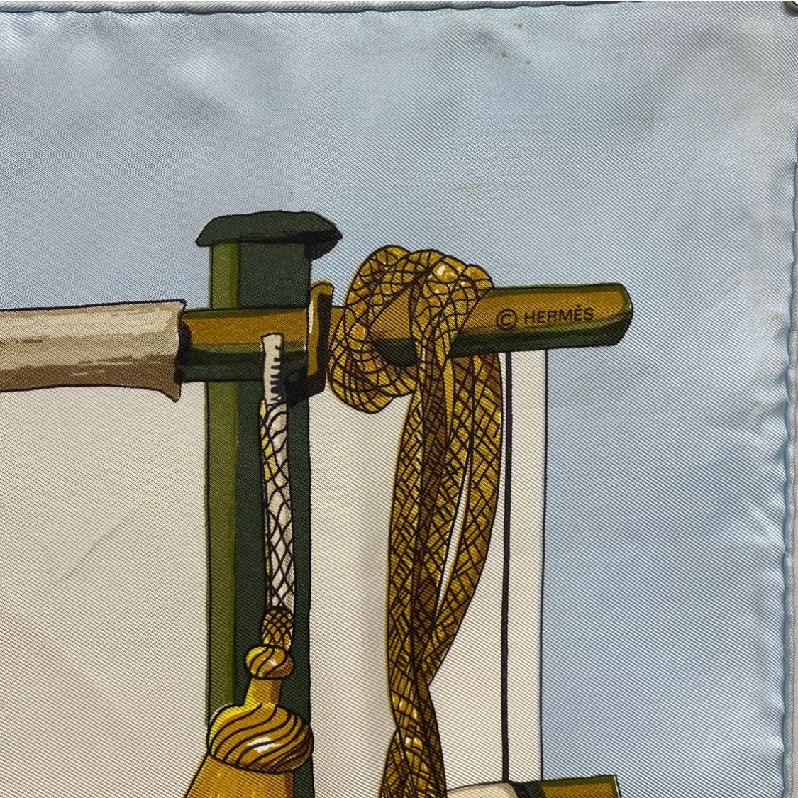 エルメス カレ90 Pasementerie シルクスカーフ 紐飾り タッセル 水色