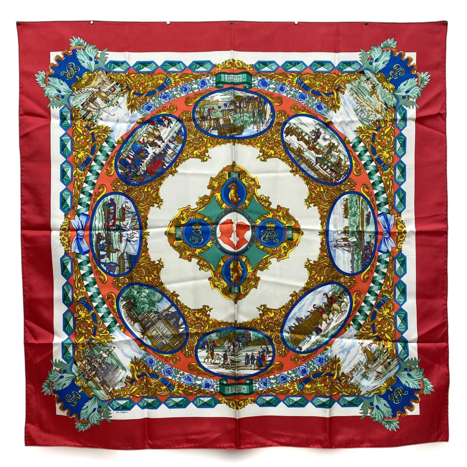 エルメス カレ90 L'ENTENTE CORDIALE シルクスカーフ 仏英同盟 レッド