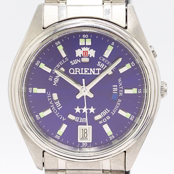 保 稼働 オリエント スリースター EM5J C3 AT 自動巻き ブルー文字盤 メンズ腕時計 2000000 2NBG MST ABC18520