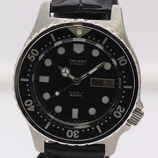 稼働 オリエント AT 自動巻 469EF3 80 ダイバー 200M 21石 デイデイト 黒文字盤 メンズ腕時計 2784100 2ANT IKE ABC18568