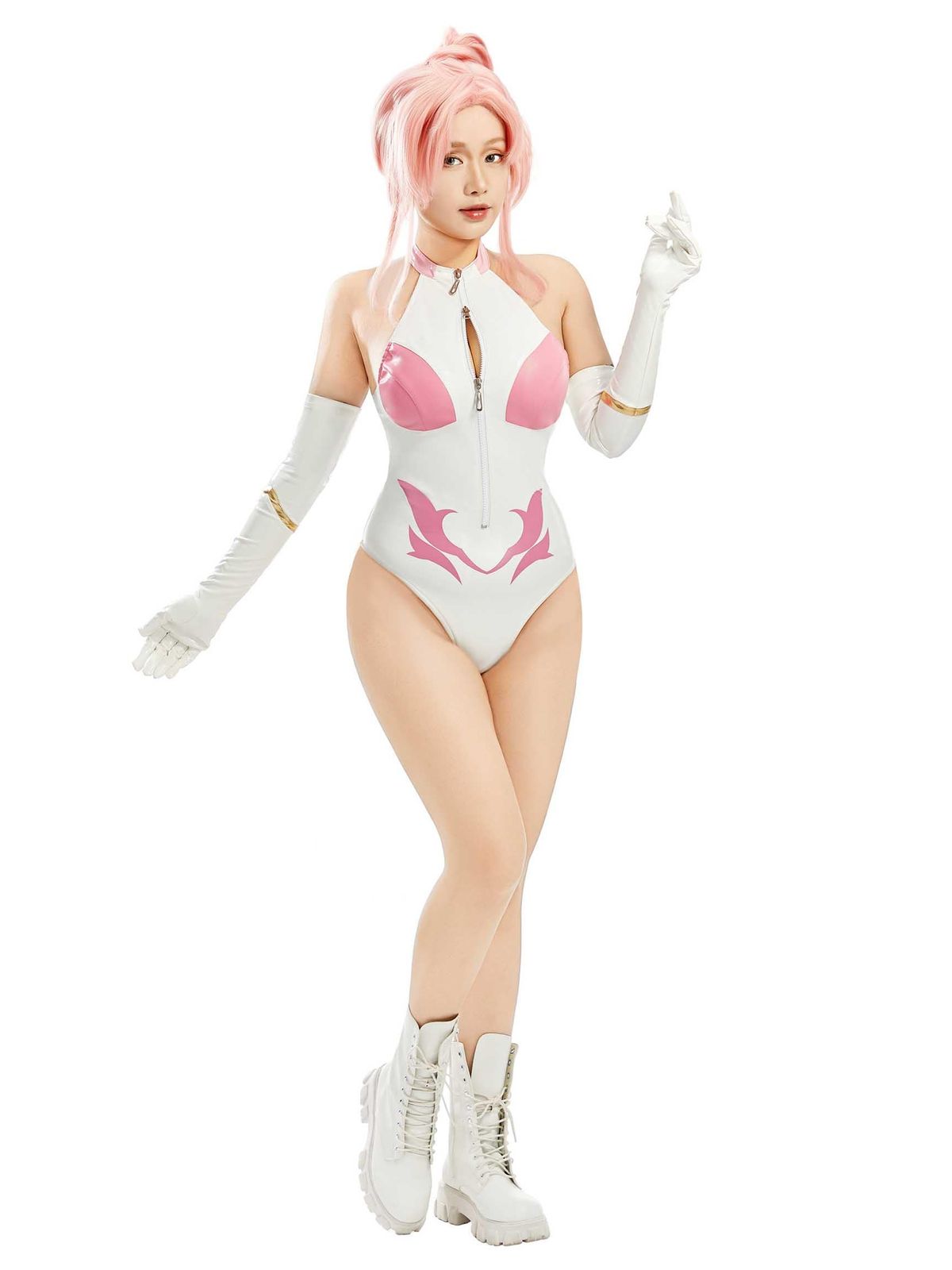 新品 [Mobbunny] レディース 美女 コスチューム コスプレ 戦士風 パイロットスーツ風 アニメ ゲーム 袖なし ホルターネック ボディスーツ レオタード かっこいい かわいい キュート 衣装セット 仮装 変身 変装 ホワイト (L)