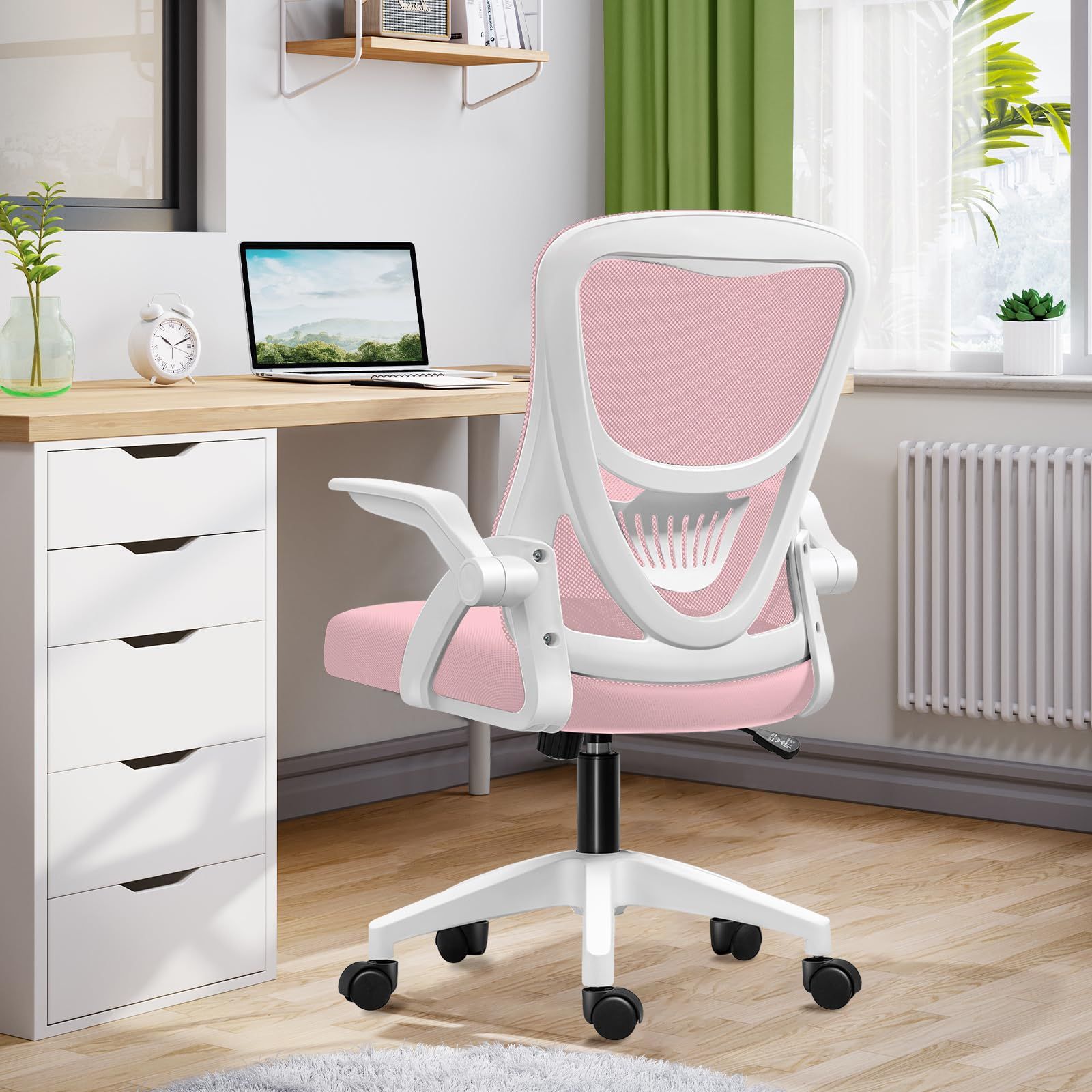 EdoErgo オフィスチェア 椅子 テレワーク 疲れない 跳ね上げ式アームレスト コンパクト 約105度ロッキング pc 事務椅子 360度回転 座面昇降 強化ナイロン樹脂ベース 通気性メッシュ 在宅ワーク H WY01 粉網 白枠 白足