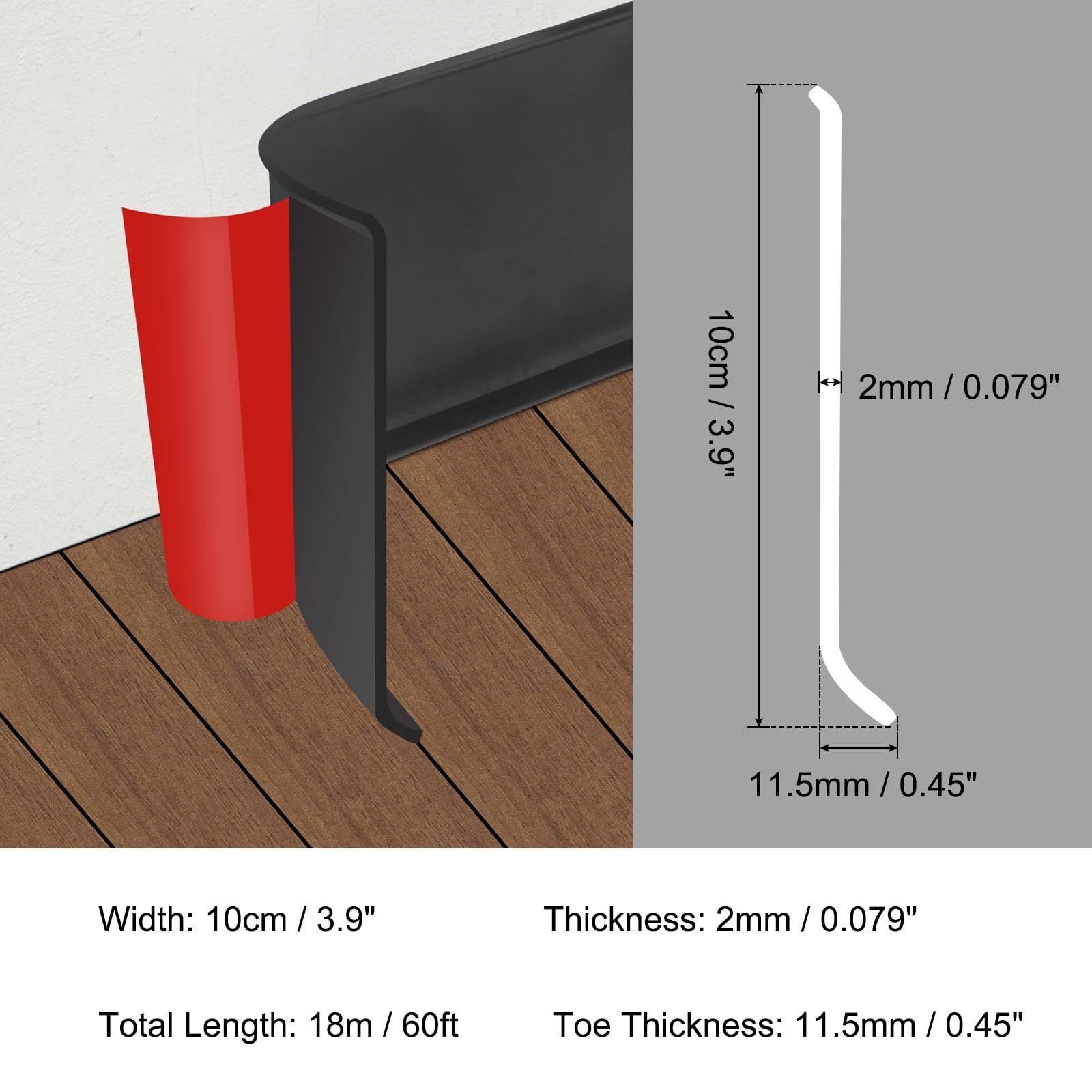 uxcell 60 ft x 4ベースボードトリム ピール＆スティック ウォールフレキシブルモールディング トリム 黒